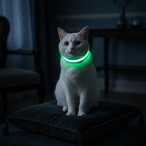 Chat blanc collier vert brillant dans le noir