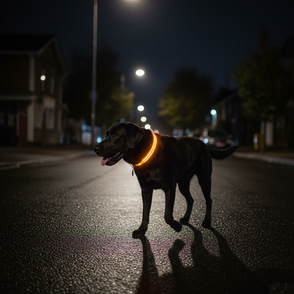 Labrador noir marchant la nuit collier orange