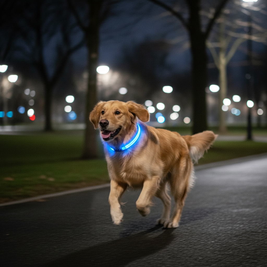 Golden retriever courant la nuit collier bleu