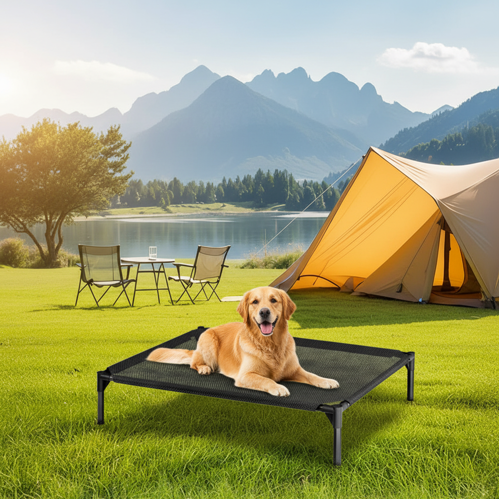 Golden retriever au camping montagnes