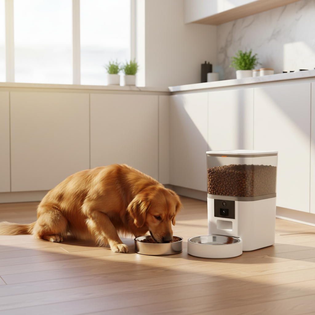 Golden retriever mangeant, cuisine moderne