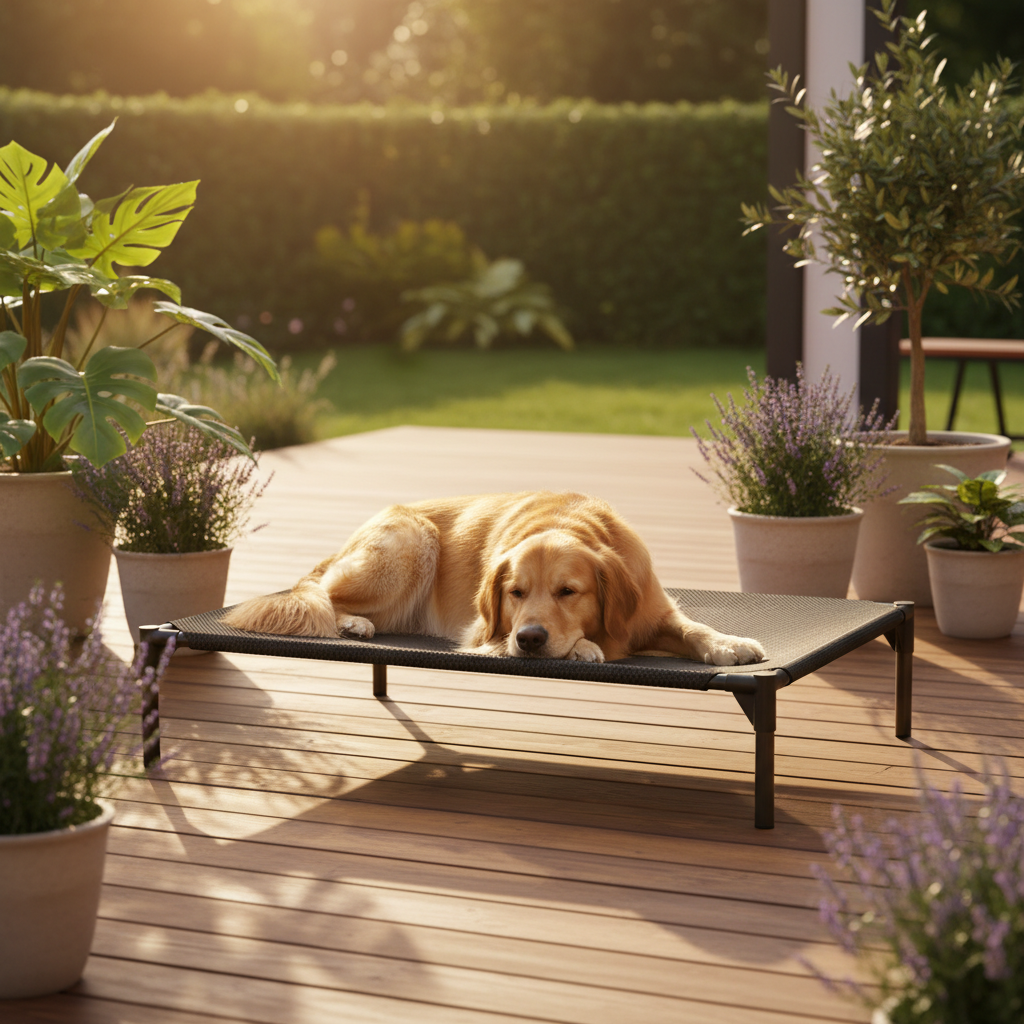 Chien détendu sur terrasse en bois